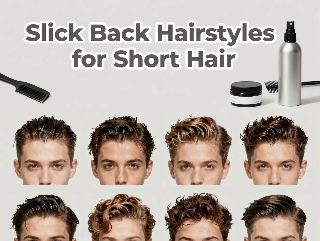 Eight slick back short hair swatches glossy textured wet look styling products