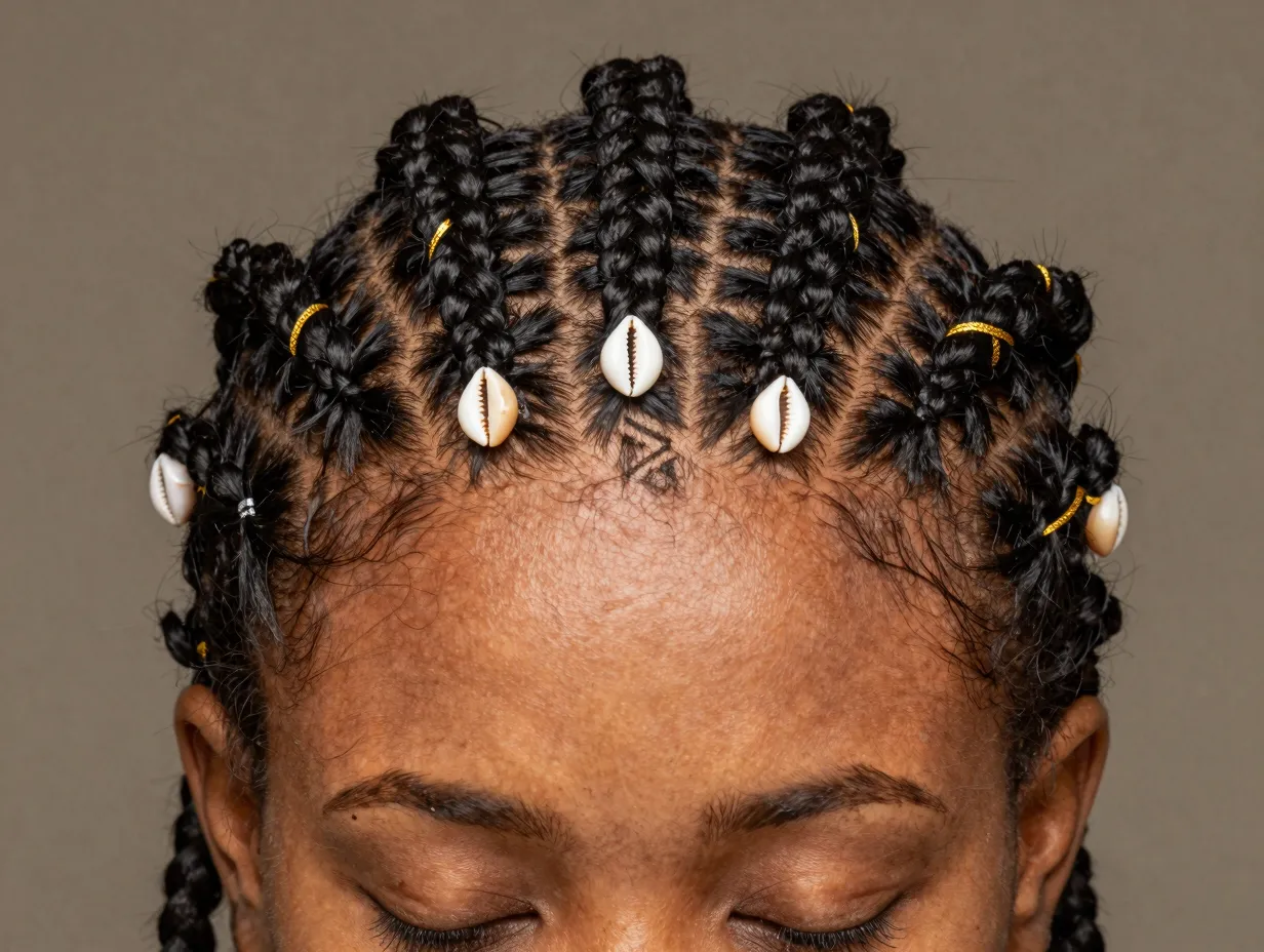 Center part tiny braids with gold thread and shells on black hair