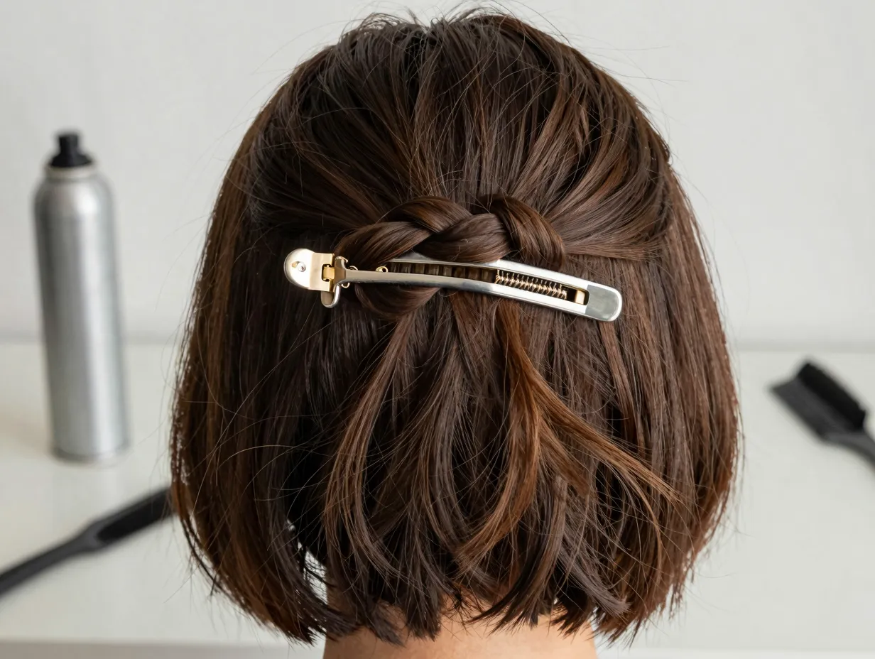 Classic half up butterfly clip bob twist crown relaxed face framing