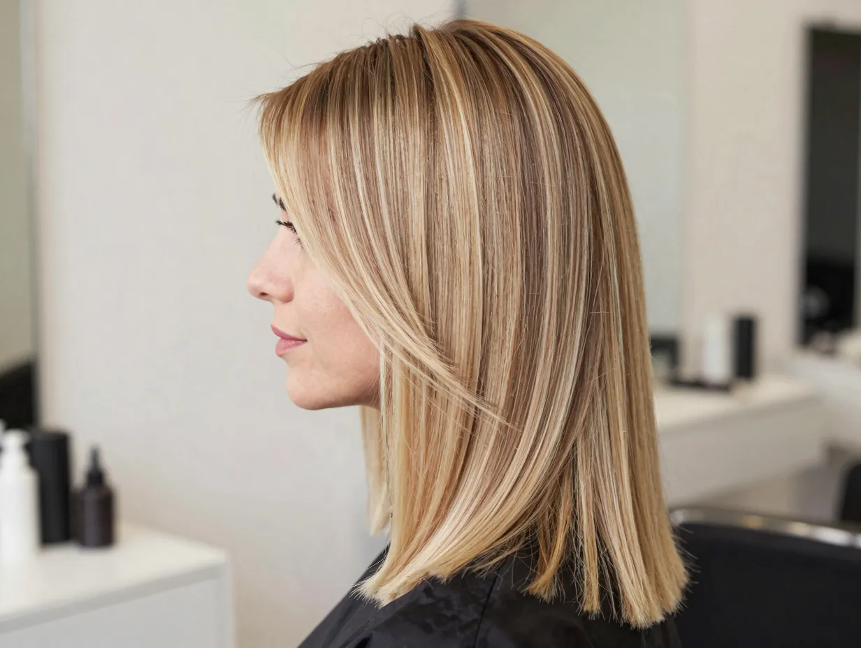 Classic long butterfly cut on woman with straight hair in salon
