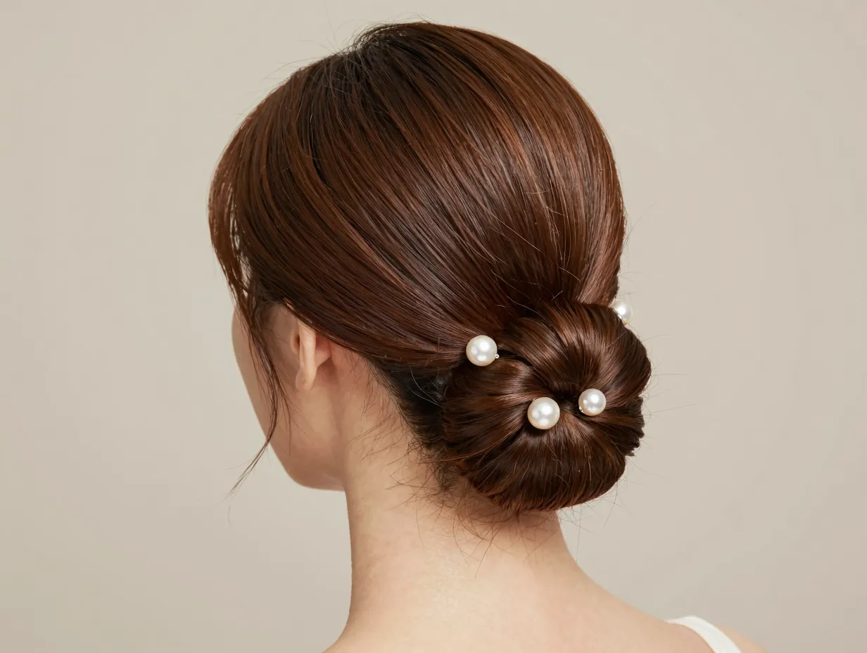 Classic low sleek chignon updo with pearl pins on long straight hair