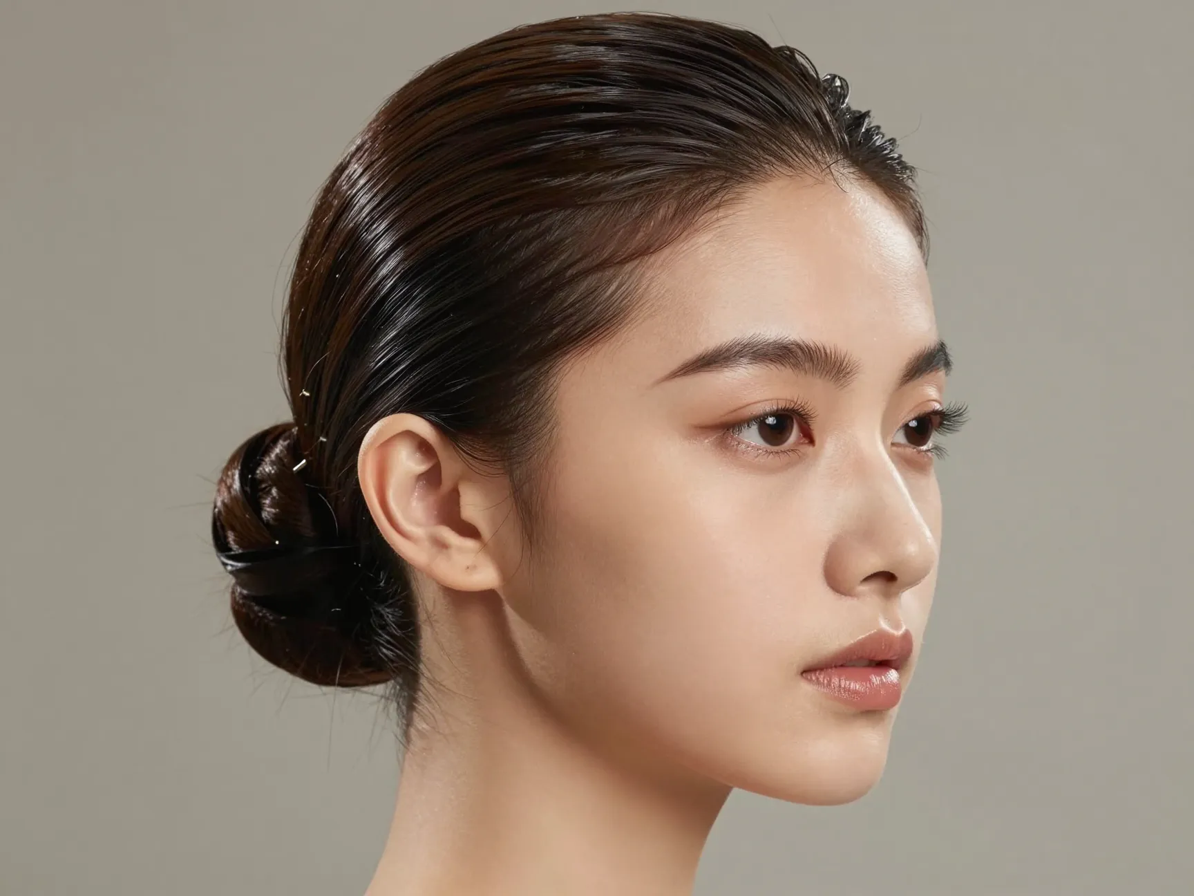 Classic slicked back low bun elegant and polished hairstyle on an oval face