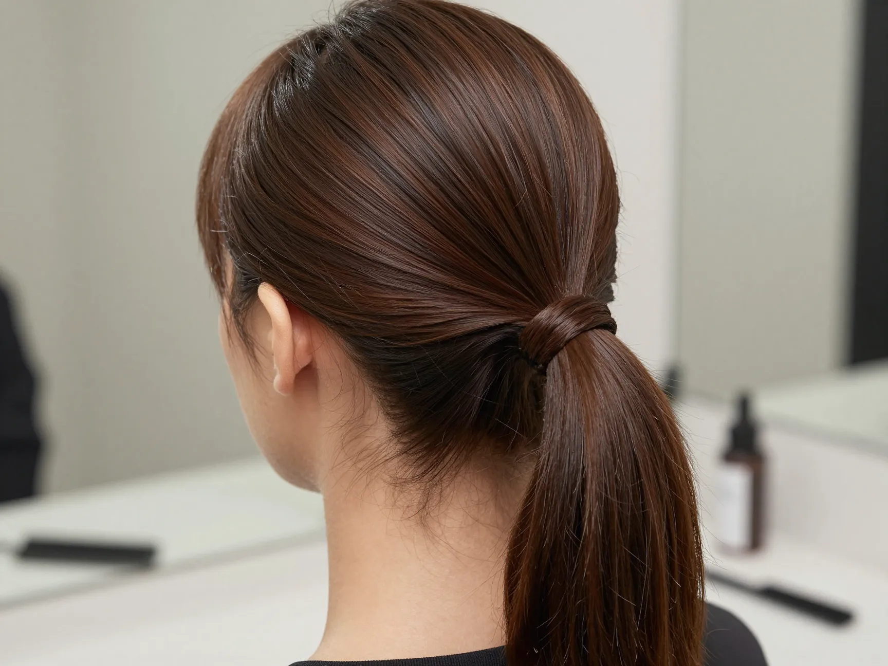 Sleek gel low ponytail with wrapped hair seamless finish elegant style