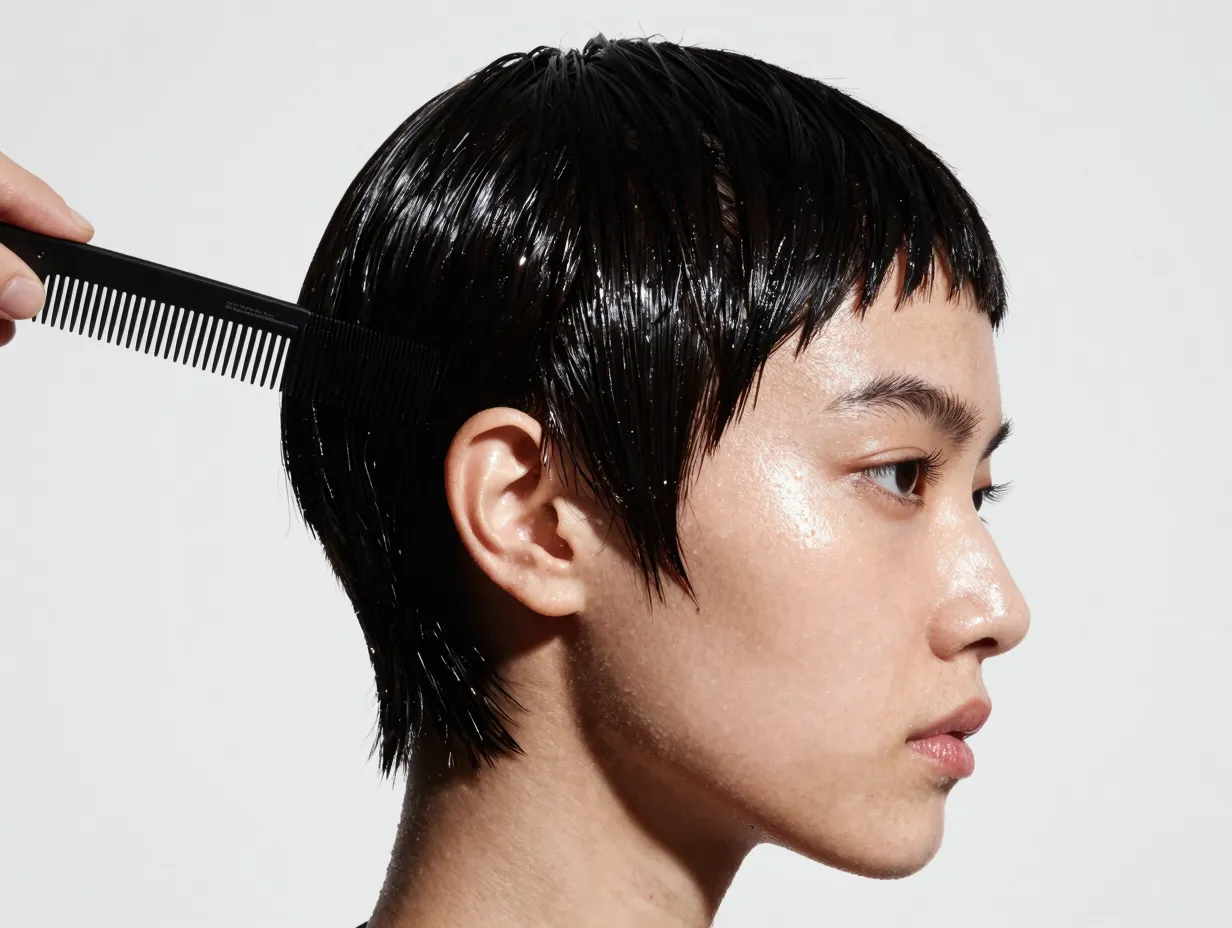Sleek high gloss pixie with sharp jawline and glassy shine
