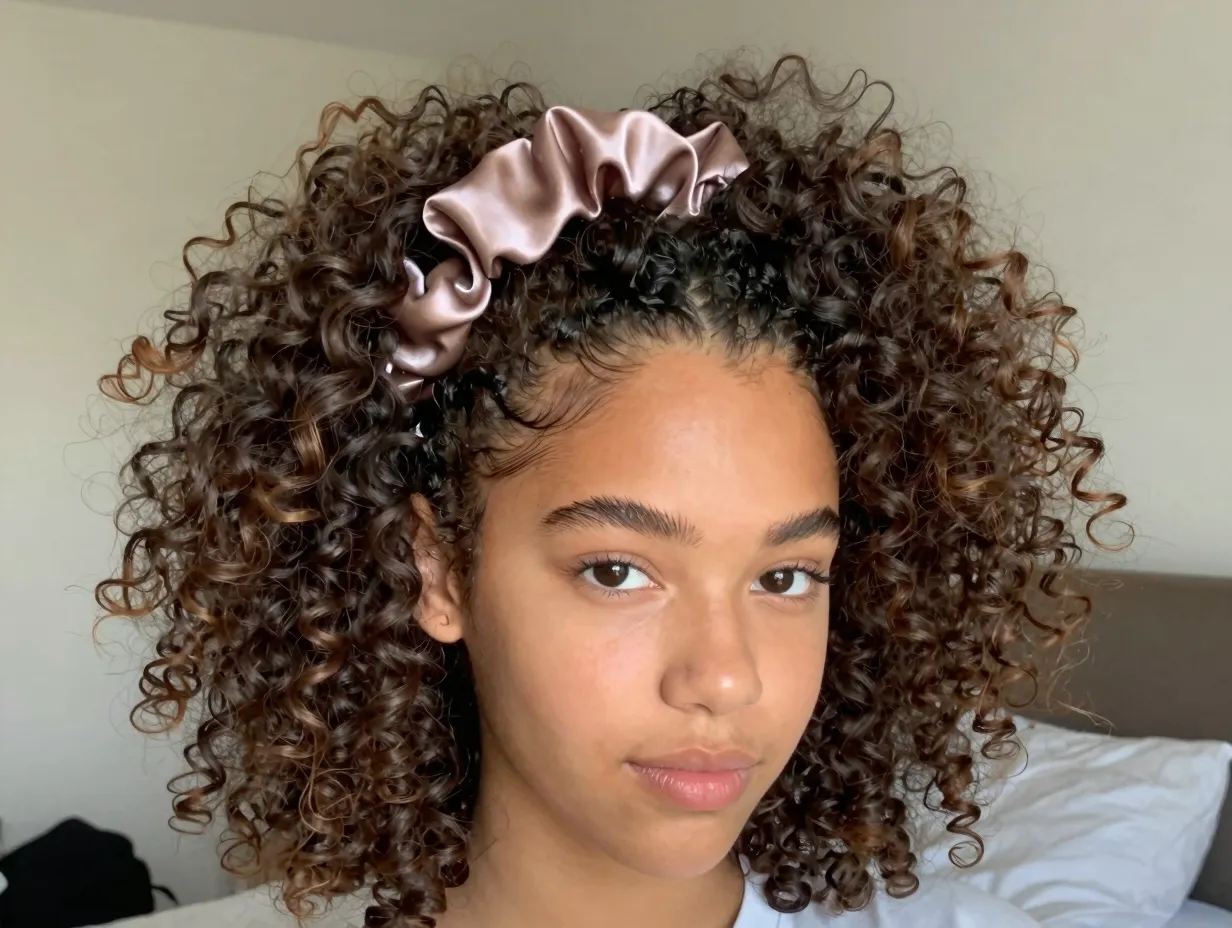Teen girl sporting a high curly puff with a satin scrunchie
