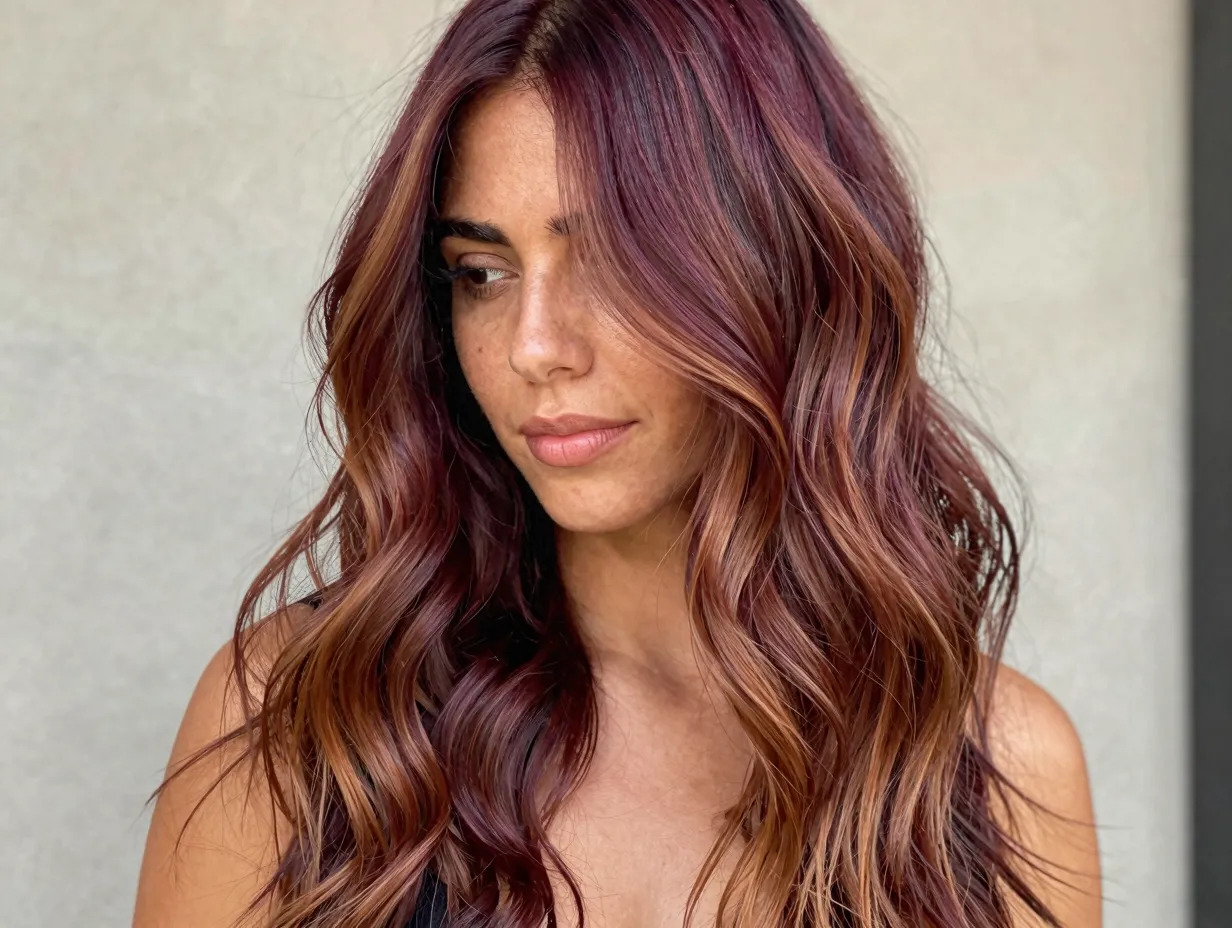 Woman with long sun kissed balayage cherry cola caramel highlights