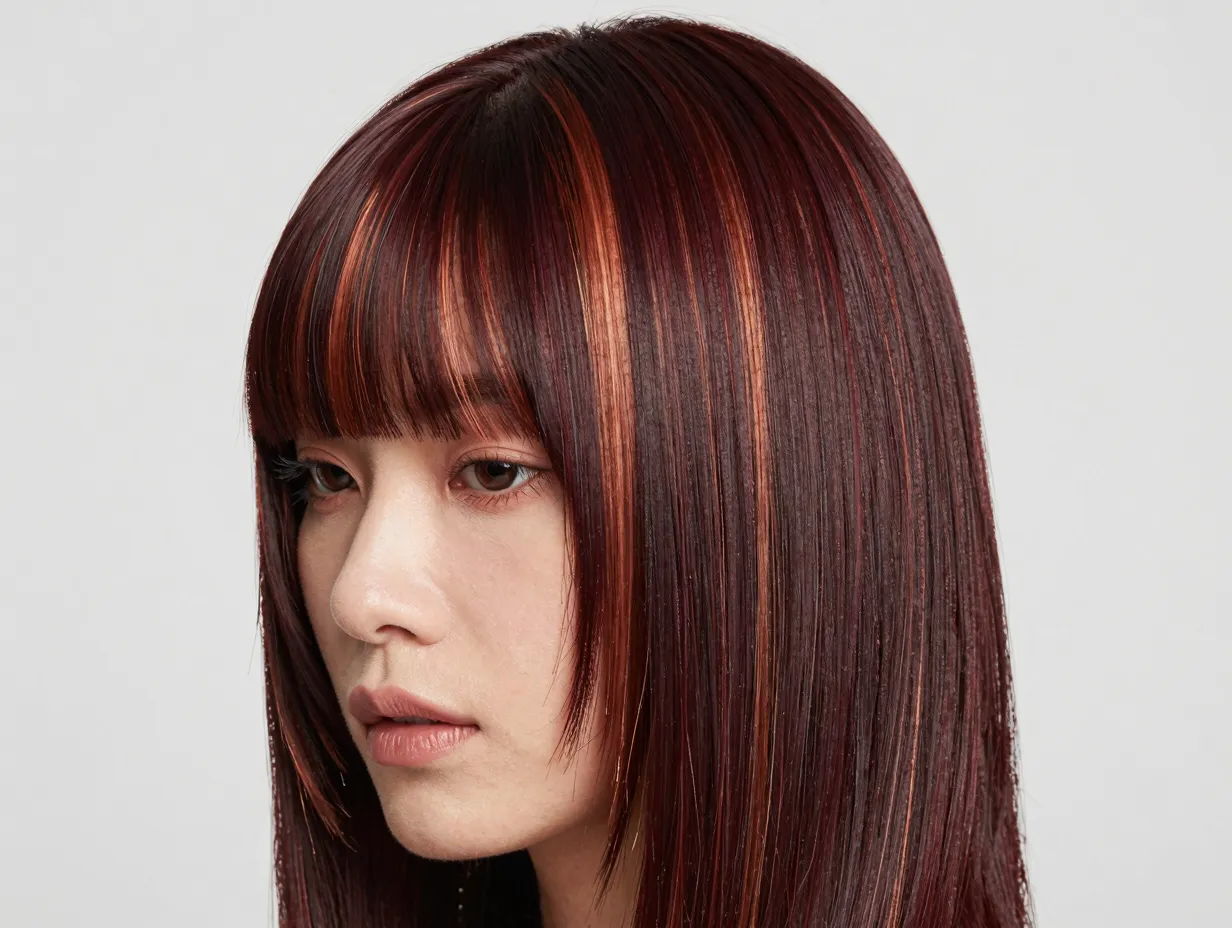 Face framing copper highlights on deep cherry cola base hair