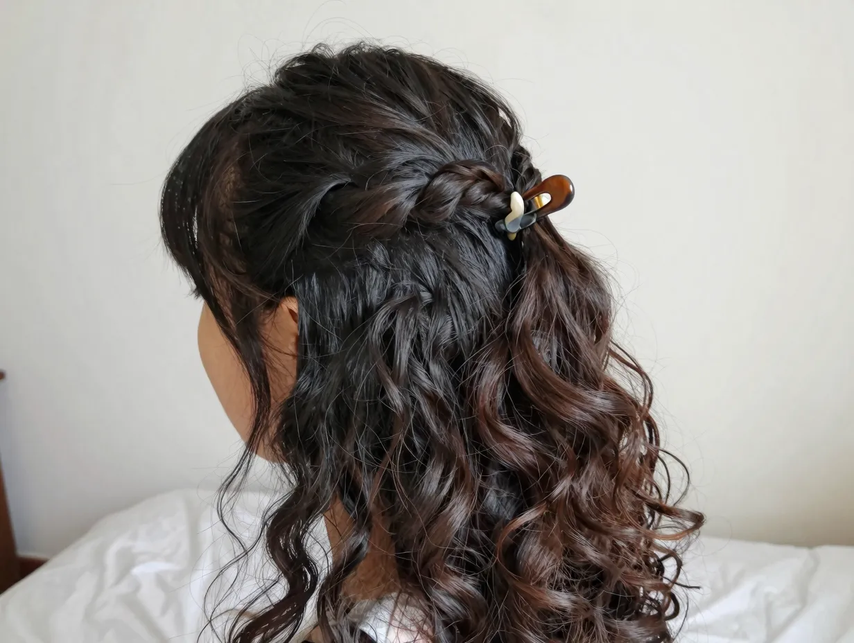 Half up hairstyle with twisted sections and a claw clip