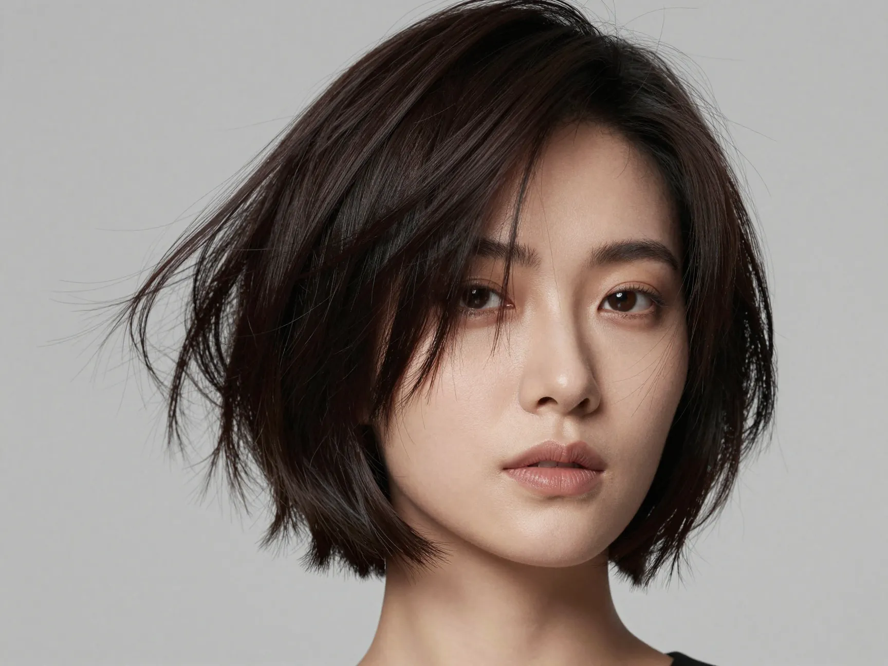 Short wispy chin length butterfly haircut on woman with round face