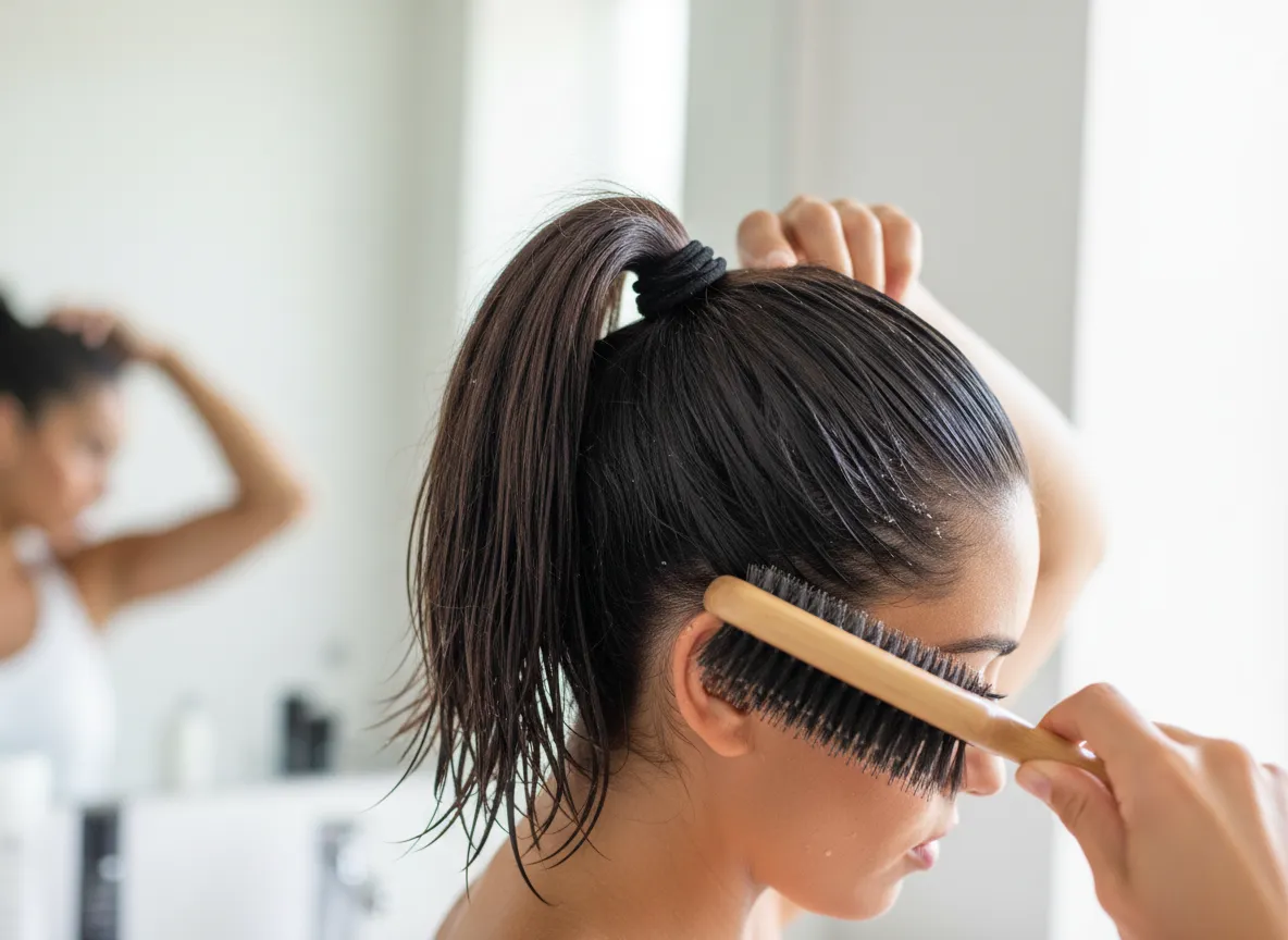 Sleek high ponytail with boar bristle brush smoothing and hair tie concealed
