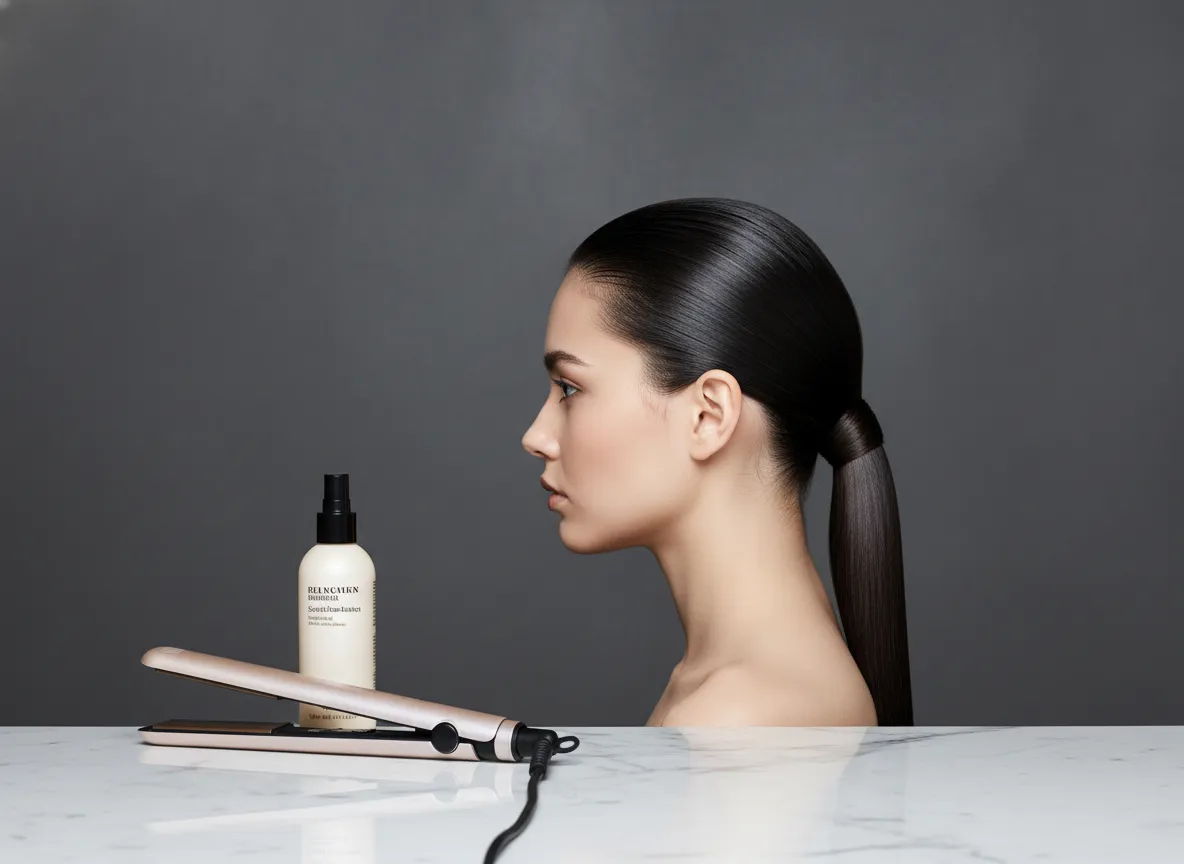 Slicked back sculpted ponytail with flat ironed roots architectural fashion
