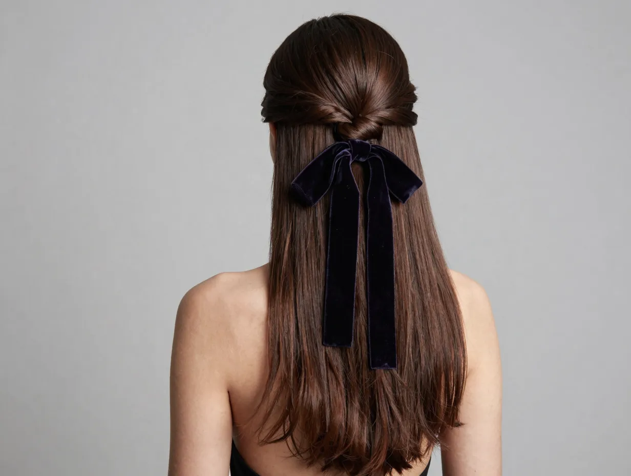 Voluminous half up half down hairstyle with velvet ribbon