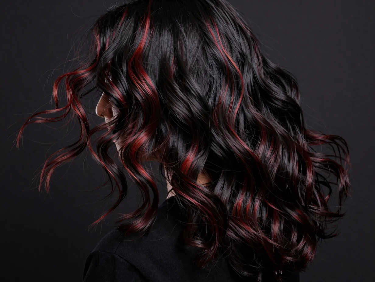 Black wavy hair with scattered cherry cola highlights and texture
