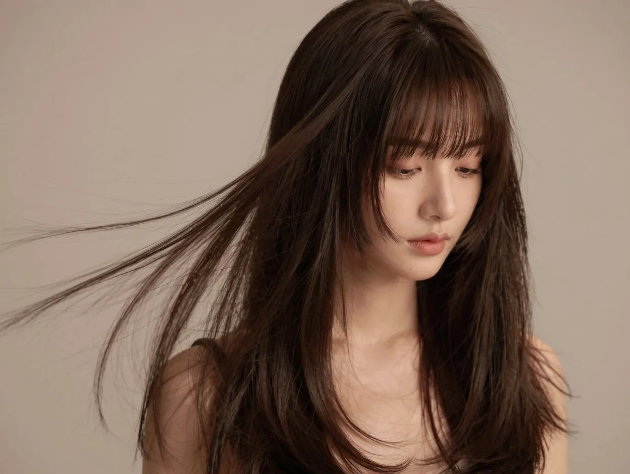 Butterfly haircut with curtain bangs on woman with romantic aesthetic