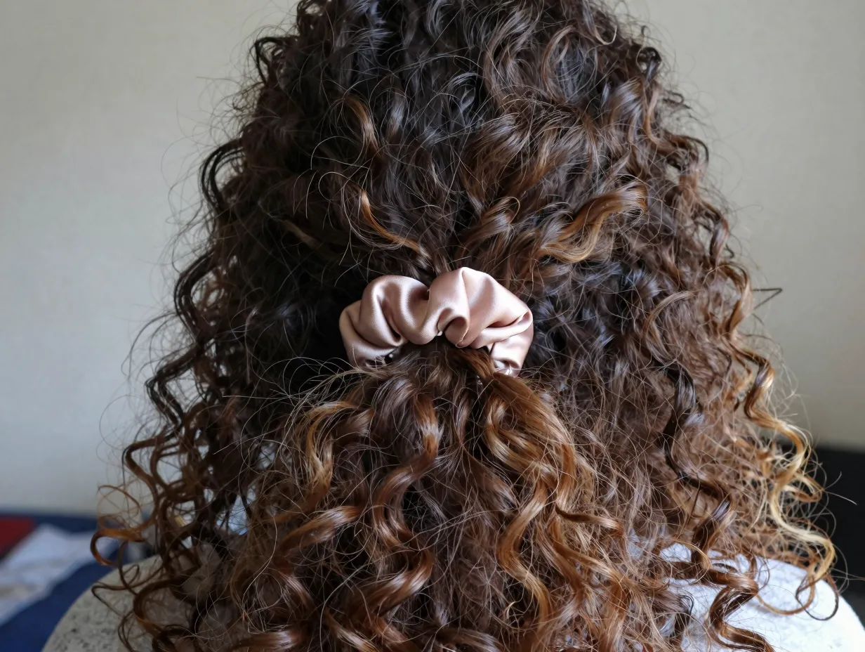 Low curly ponytail with a satin scrunchie at the nape