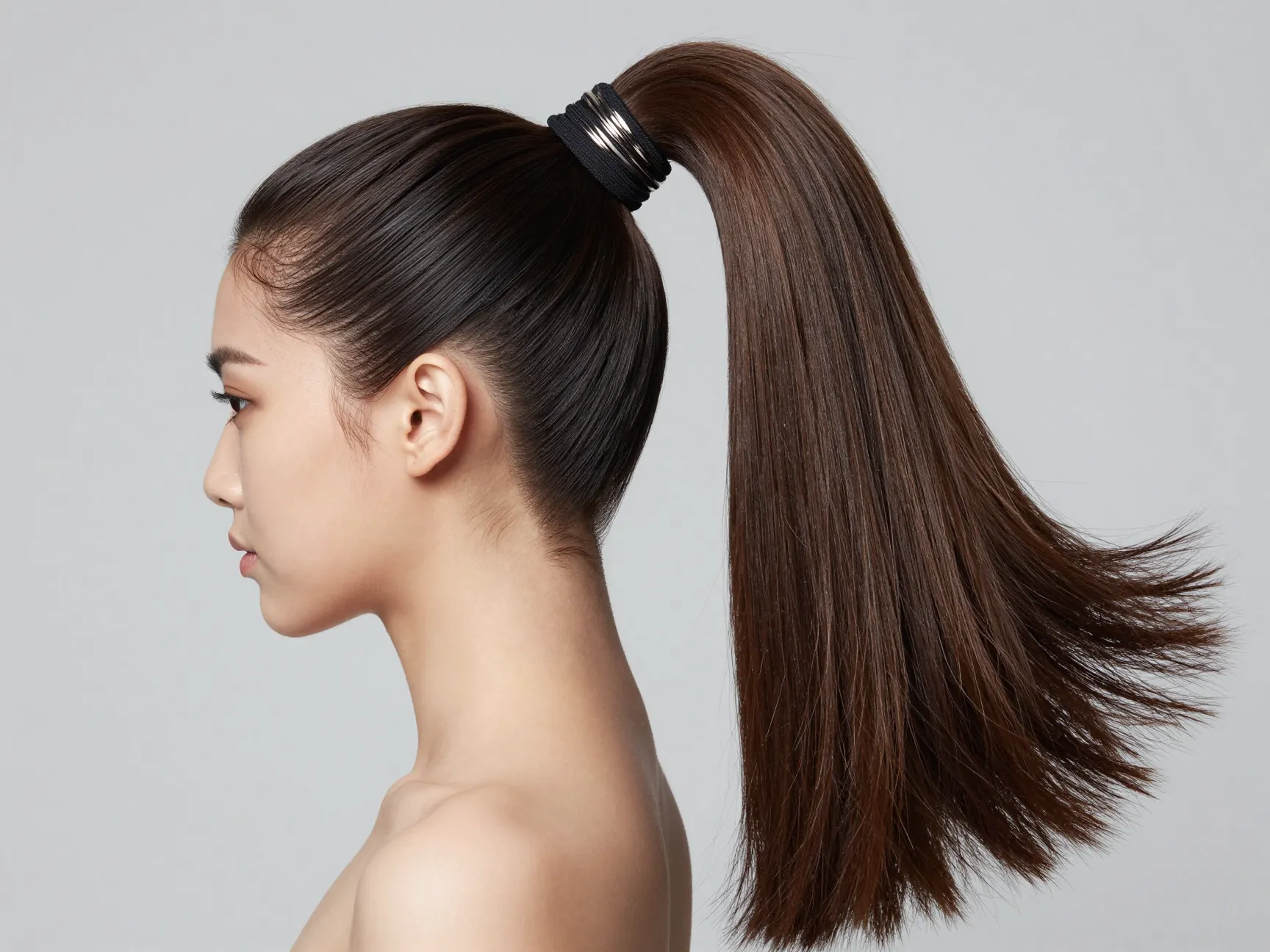 Sleek high ponytail with hair cuff on long straight hair