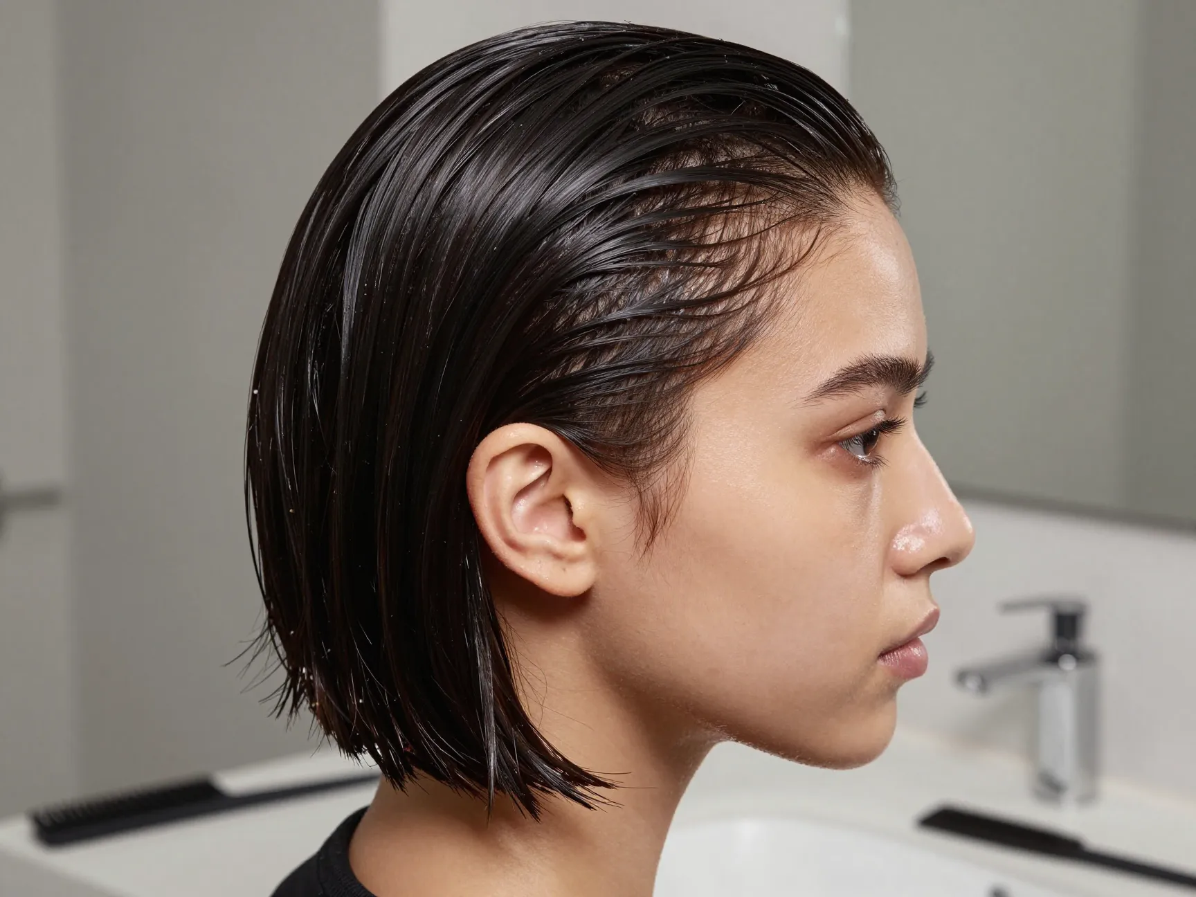 Slicked back bob hairstyle on chin length hair tucked behind ears