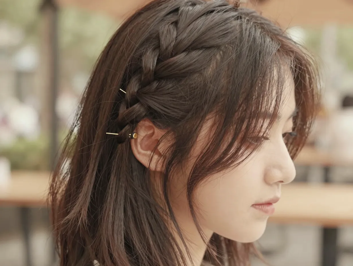 Deep side part with romantic twisted accent