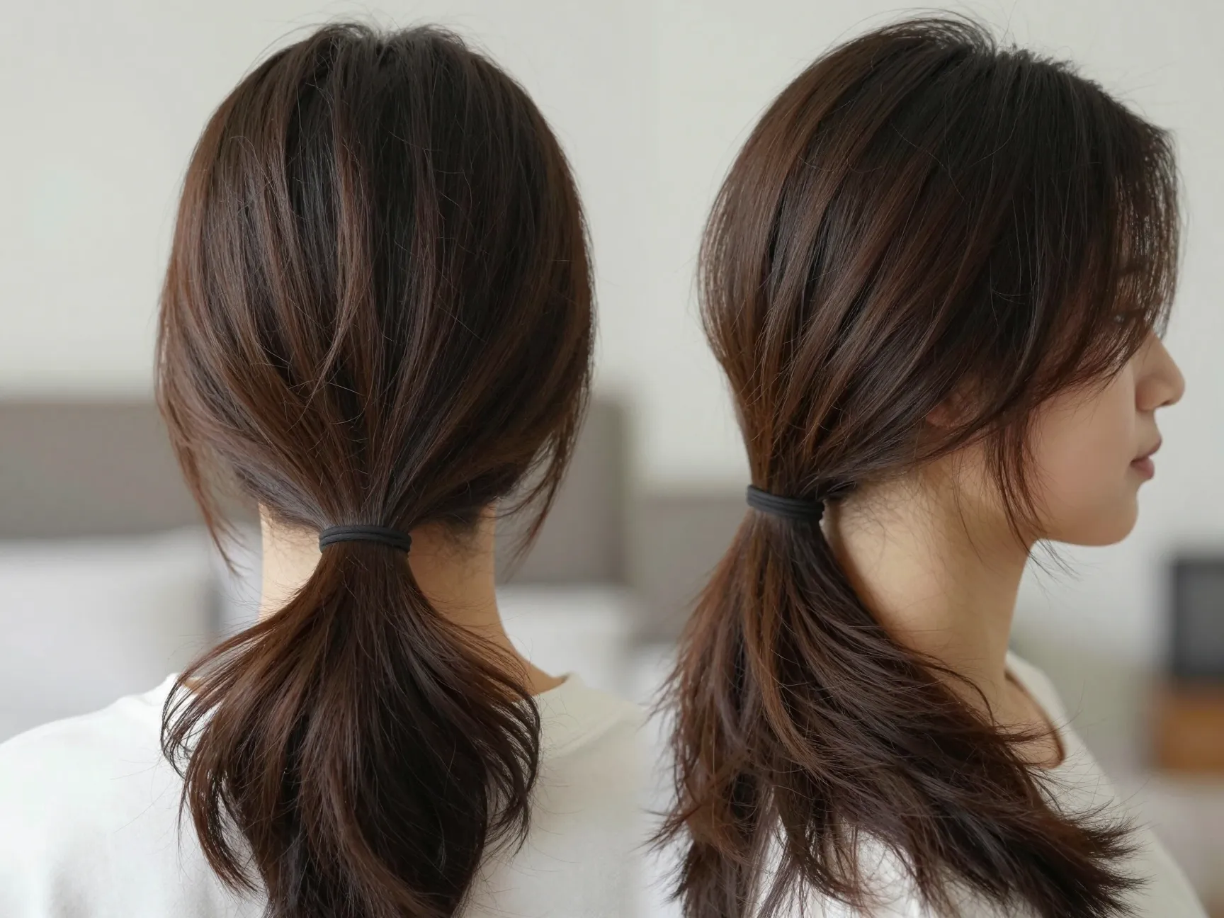 Fluffed base low ponytail with intentional short layered face framing