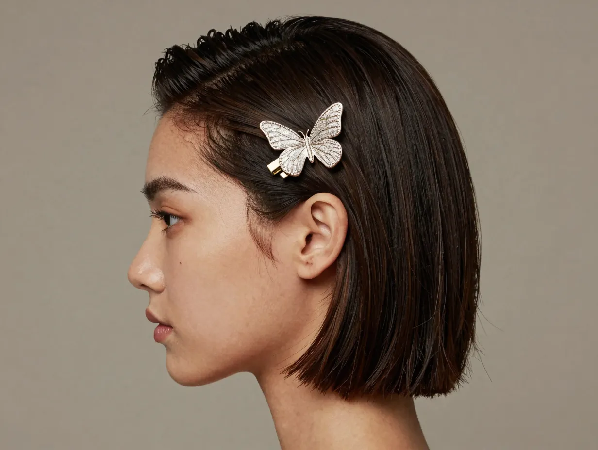 Side swept butterfly pin asymmetric deep part temple