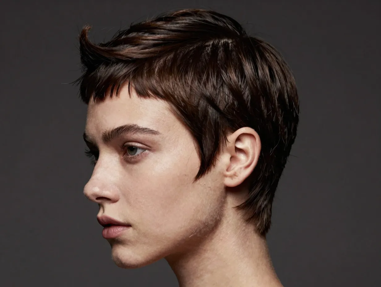 Slick pixie cut with deep side part and directional side sculpt