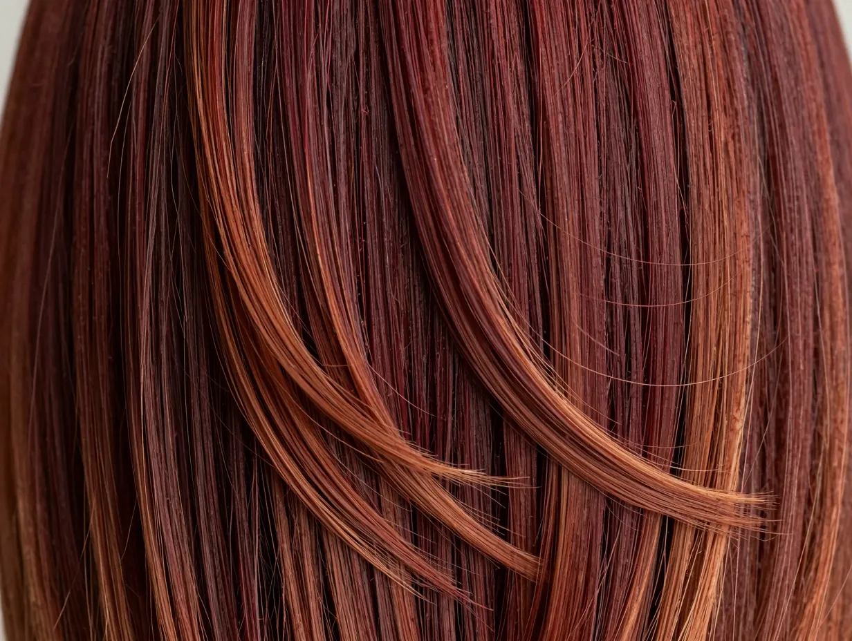 Tonal cherry cola auburn highlighted dimensional layered hair