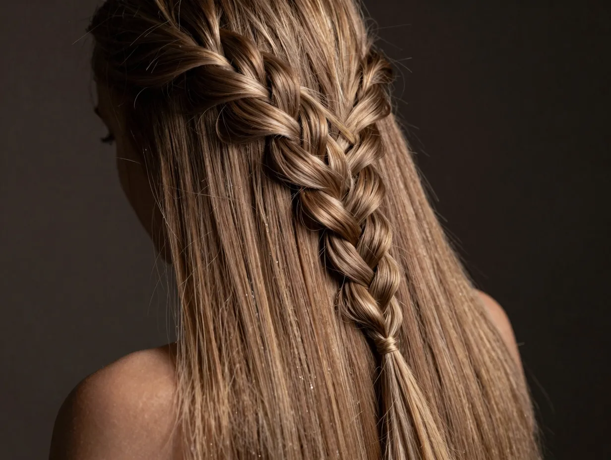 Waterfall braid cascading on one side of long straight hair