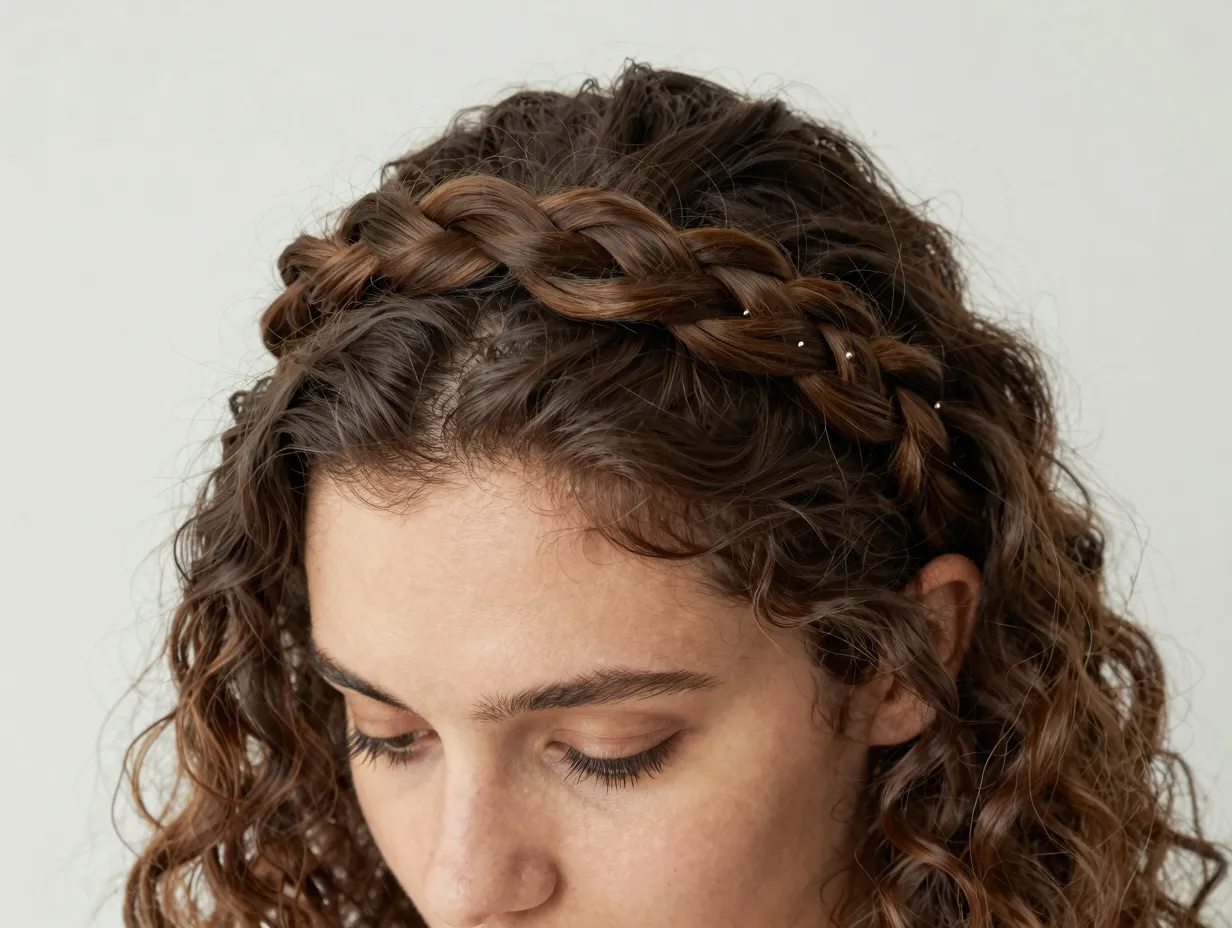 Braided crown headband adorning loose curly hair
