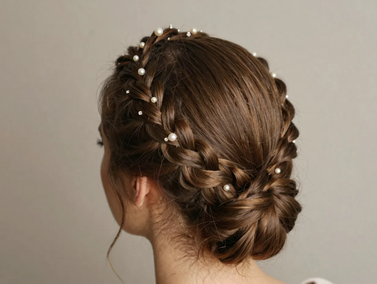 Braided crown updo with tiny crystal pins on straight hair