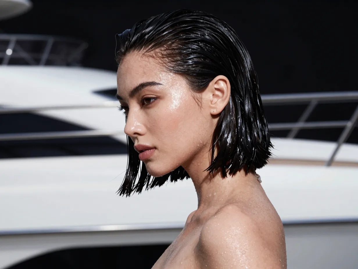 Dramatic wet look slicked back lob at collarbone with high shine