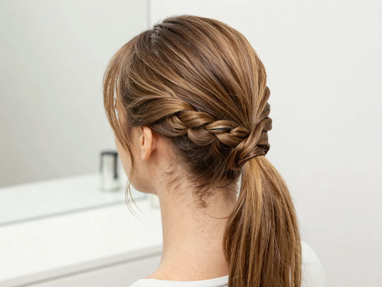 Low ponytail with side twist detail feeding into elastic secure style