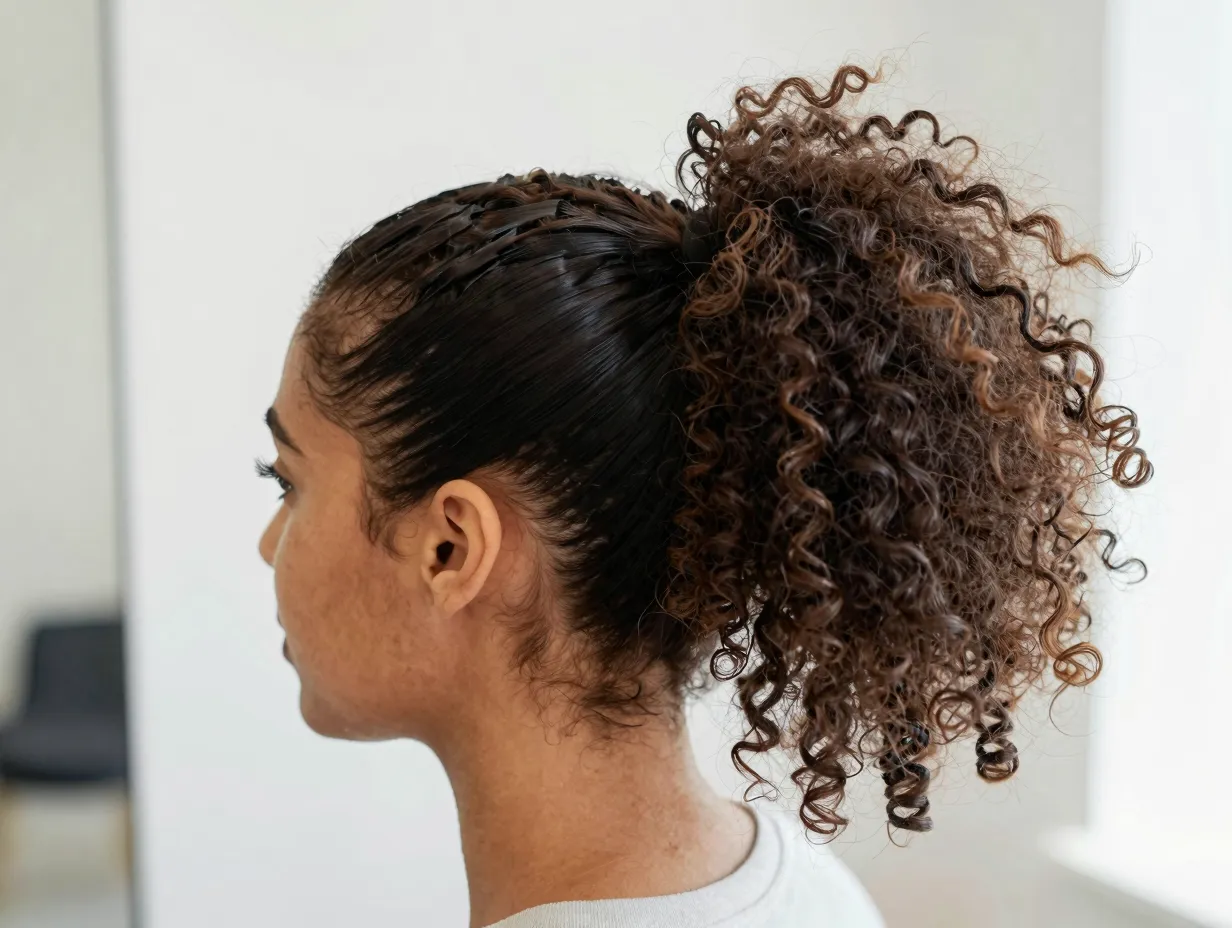Slicked back crown with natural curl puff for type three or four hair