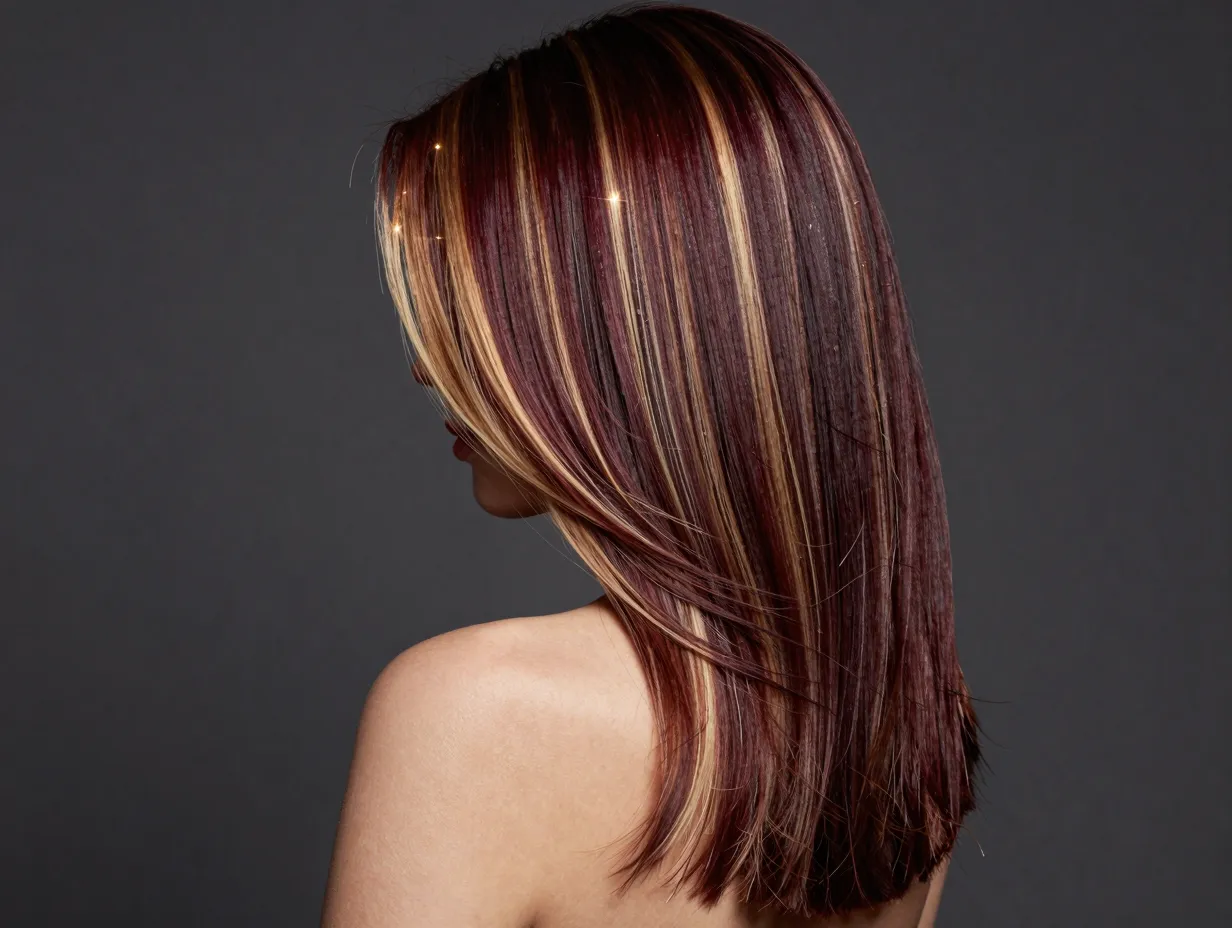 Subtle honey blonde highlights on dark cherry cola mane hair