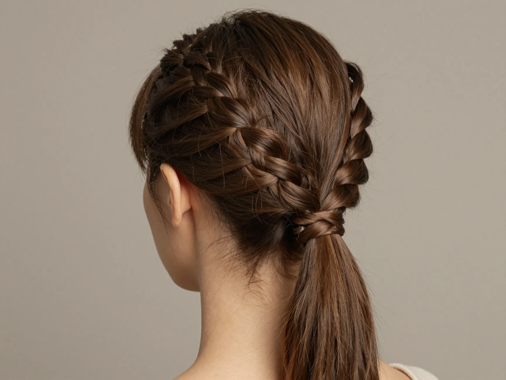 Braided updo ponytail with integrated fishtail braid wrapped elastic