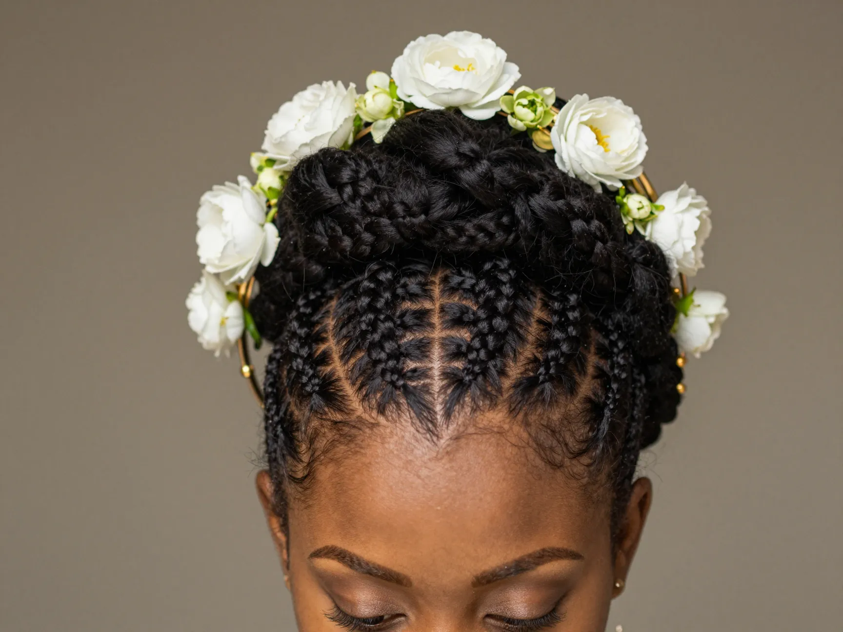 Crown updo halo of tiny fulani braids with flowers