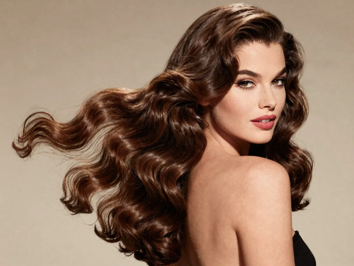 Hollywood waves blowout with high shine on long straight hair