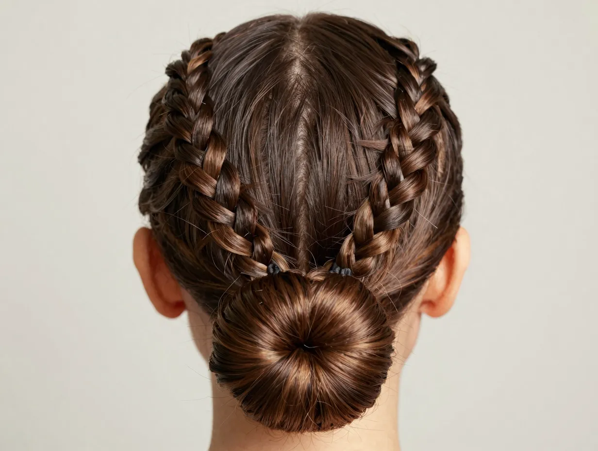 Slick bun with middle part and baby braids along the hairline