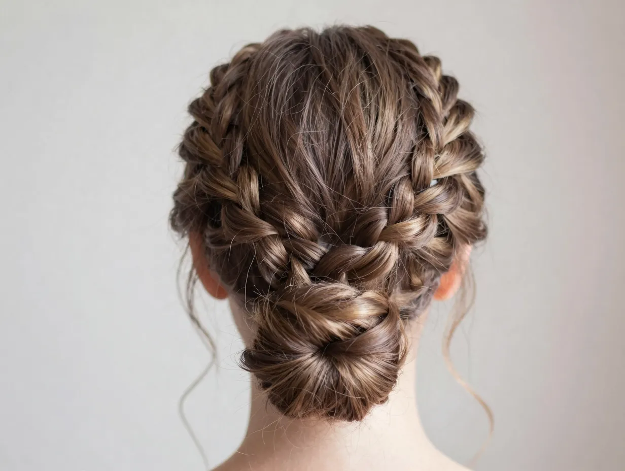 Crown braid with small low bun incorporating front braided sections