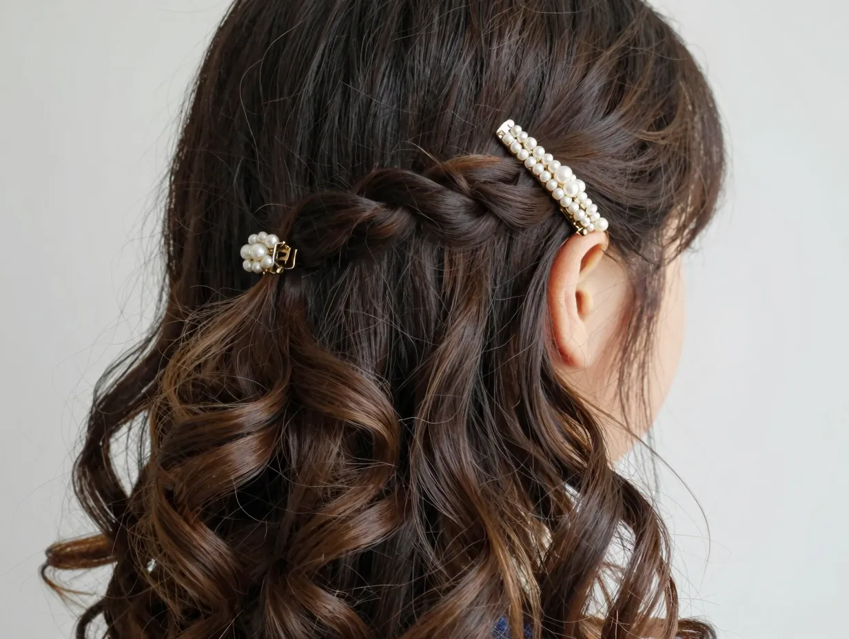 Curls pinned back with decorative pearl hair clips