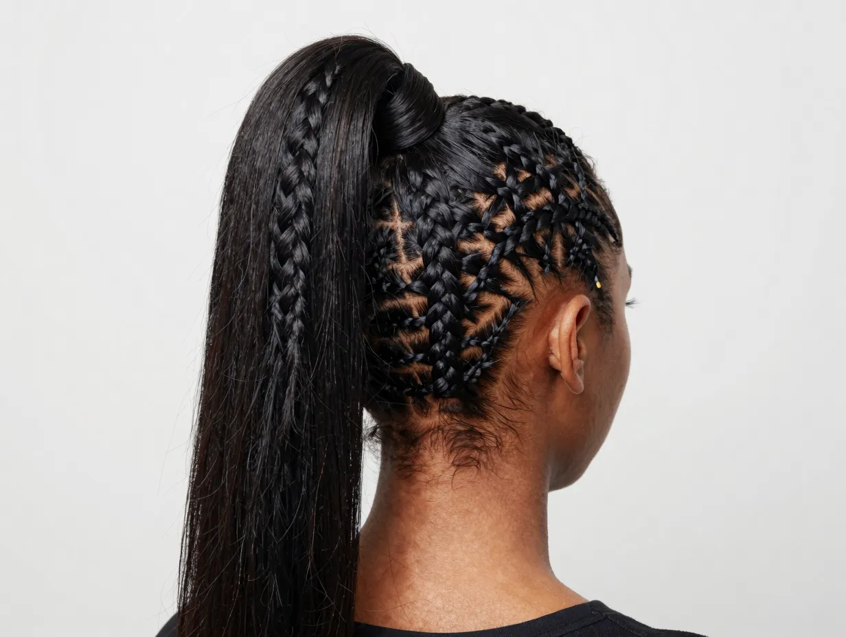 High ponytail with tiny fulani braids and cornrow base