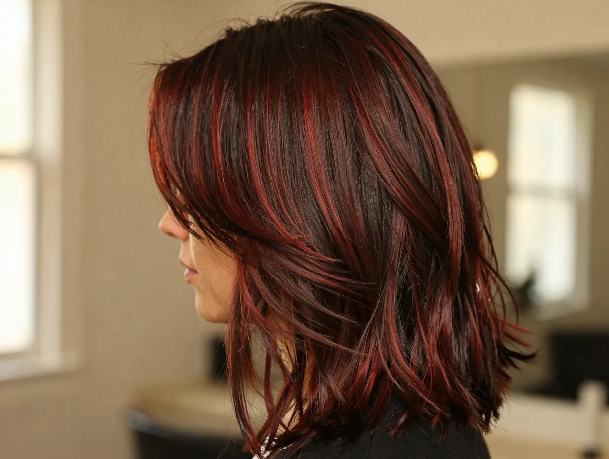 Naturally brunette hair with warm cherry cola dimensional highlights