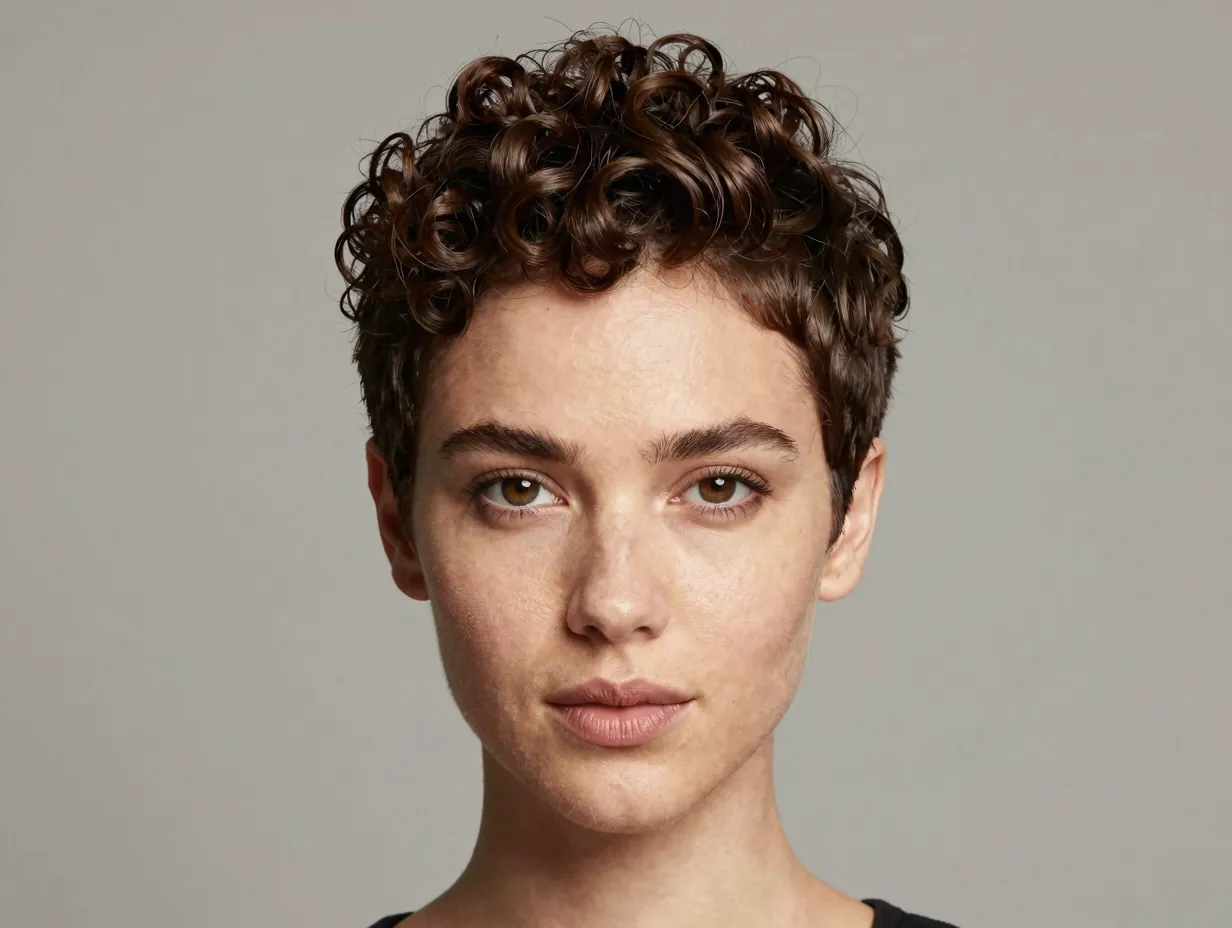 Polished natural texture pixie with smooth edges and curly crown