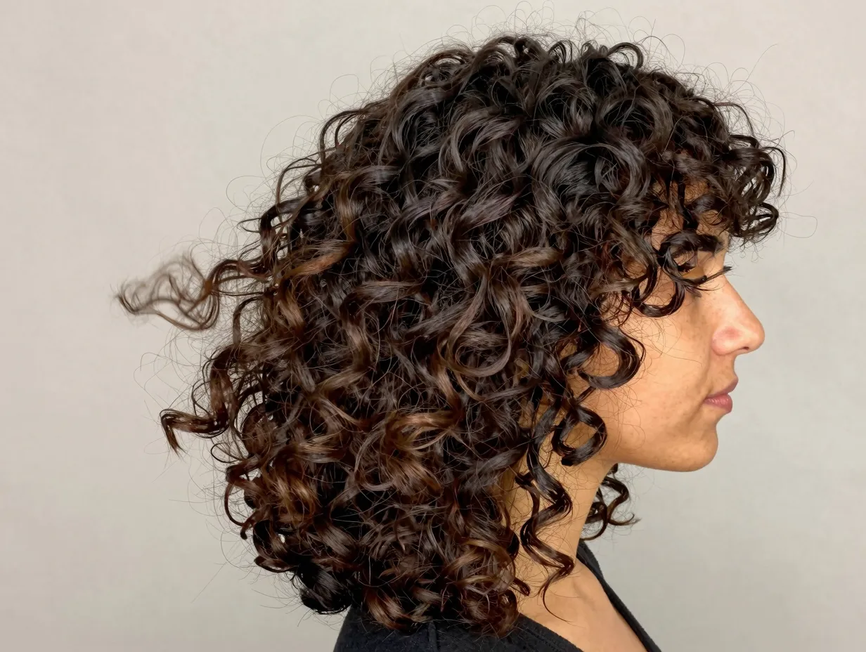 Wavy butterfly haircut with defined bounce on curly haired woman