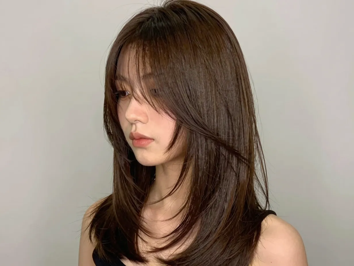 Butterfly haircut with long side bangs creating soft asymmetrical frame