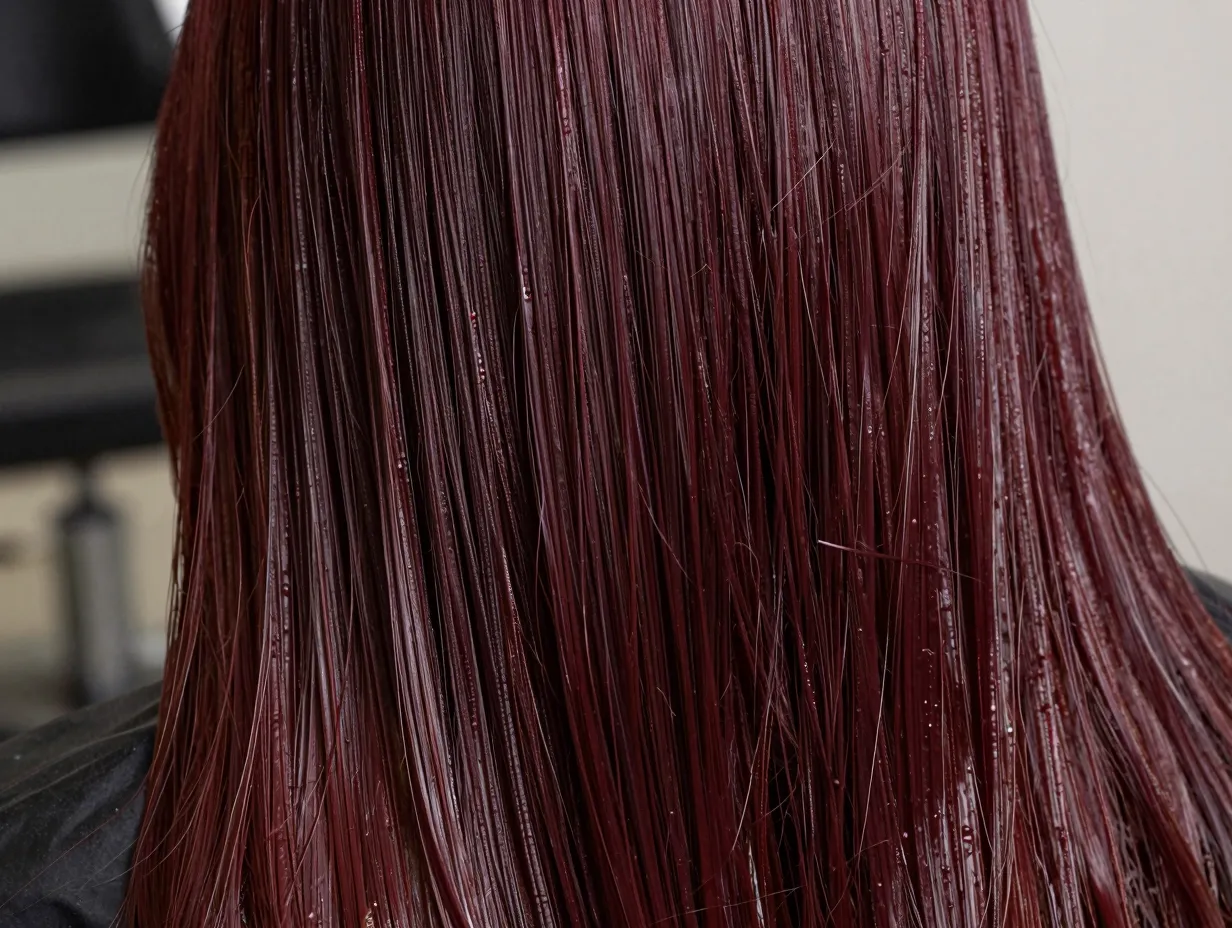 Full glossy cherry cola hair color with light reflecting gloss treatment