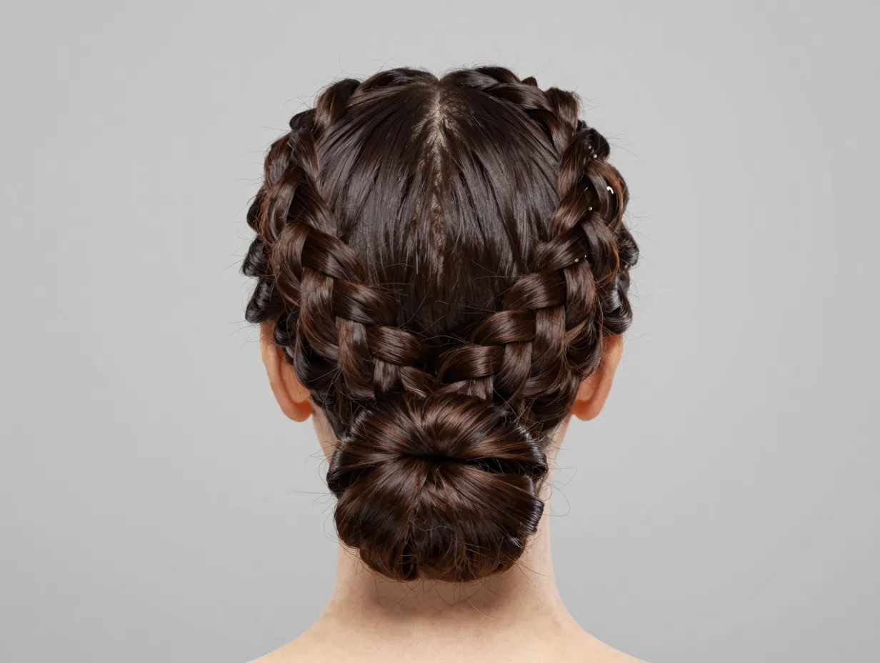 Intricate flat twist updo with center part and edge control