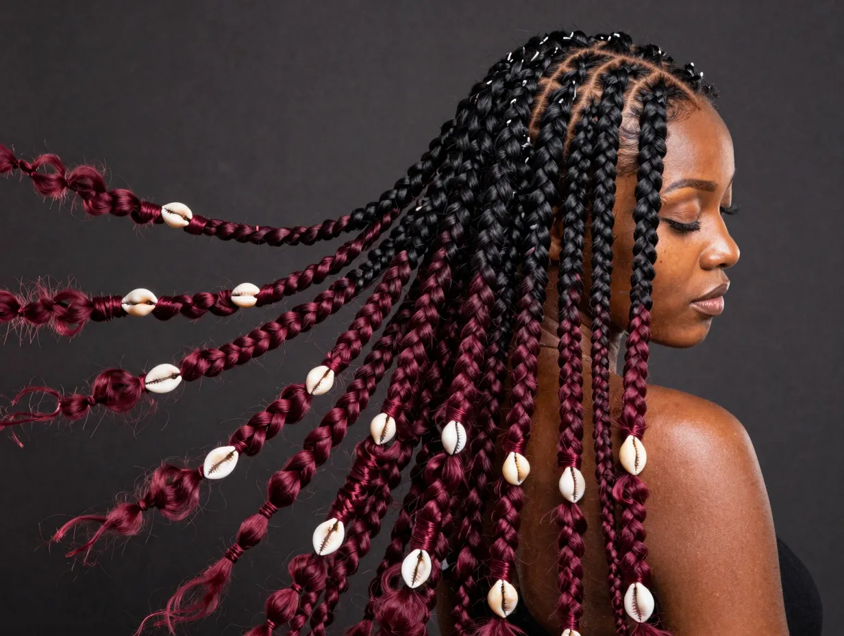 Ombre burgundy tiny braids with wrapped thread and shells