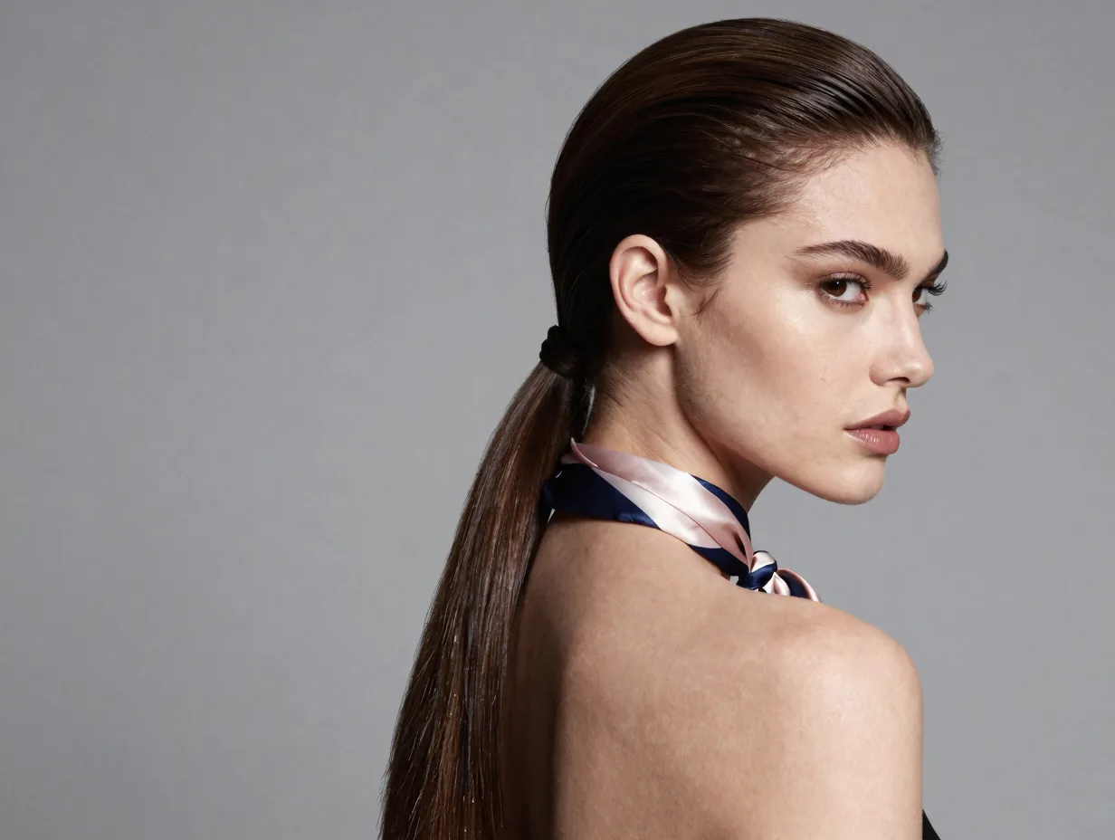 Sleek low ponytail with dramatic side part and silk scarf