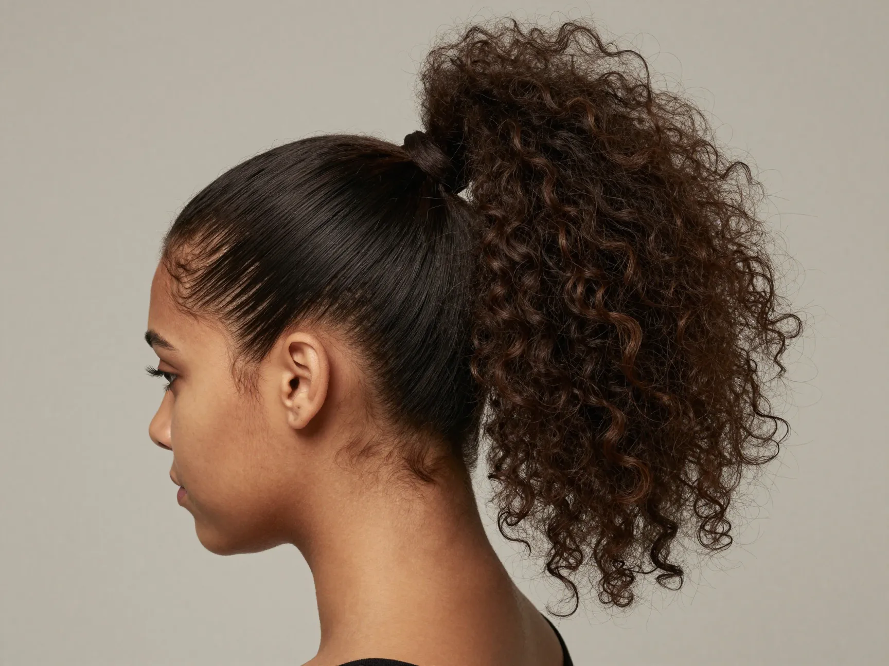 Slicked back textured ponytail with sculpted edges on natural hair