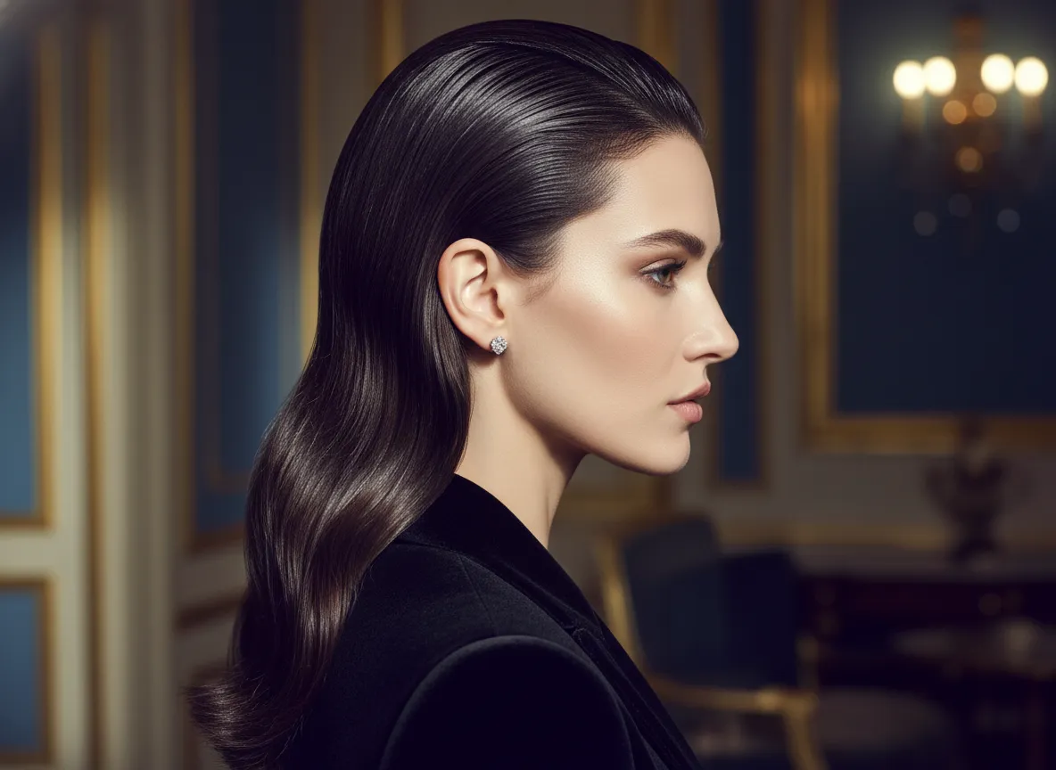 Side swept slick hairstyle with dramatic directional glossy finish